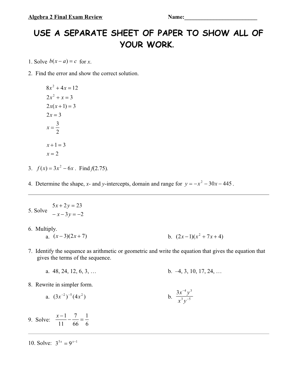 Algebra 2 Final Exam Review