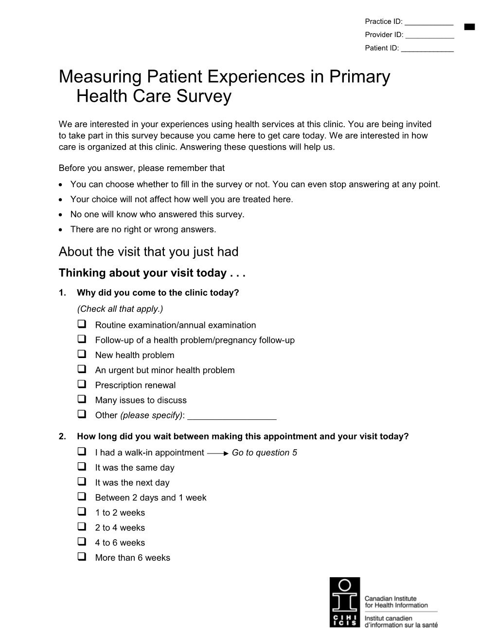 Measuring Patient Experiences in Primary Health Care Survey