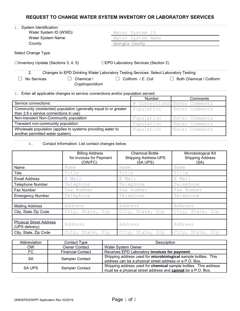 Request to Change Water System Inventory Or Laboratory Services