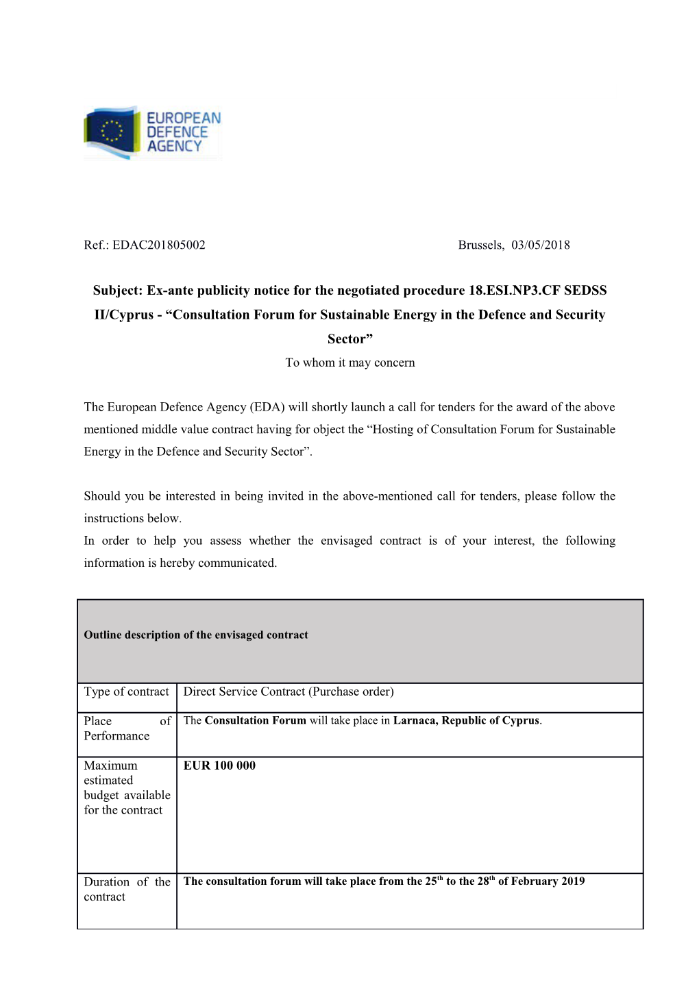 Subject: Ex-Ante Publicity Notice for the Negotiated Procedure 18.ESI.NP3.CF SEDSS II/Cyprus