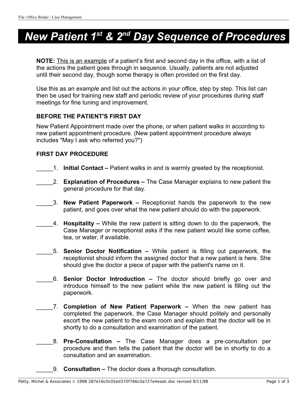 New Patient First & Second Day Sequence of Procedures