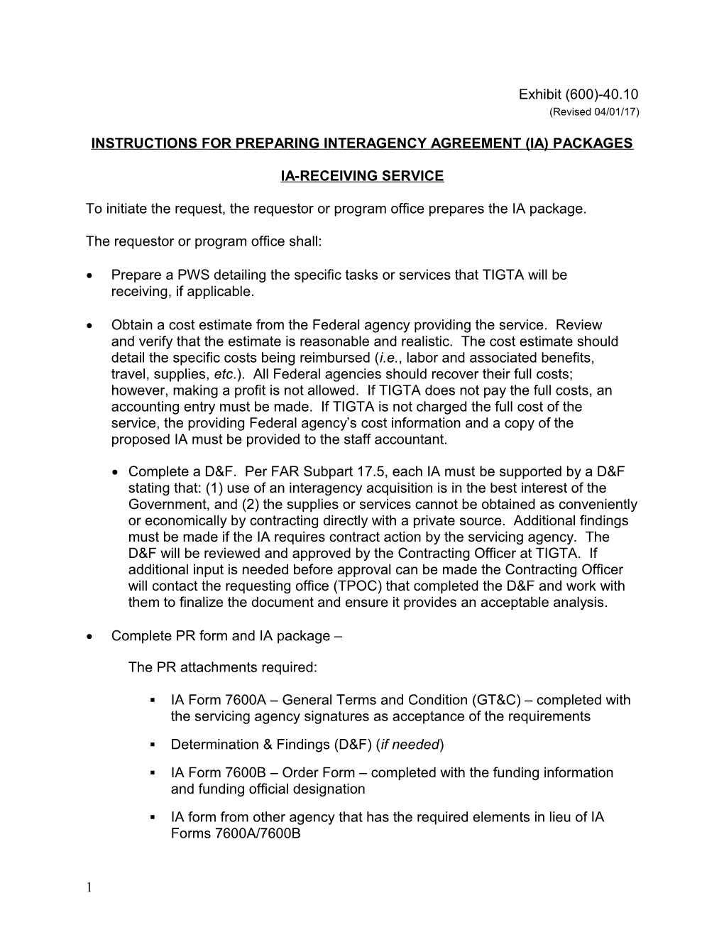 Instructions for Preparing Interagency Agreement (Ia) Packages