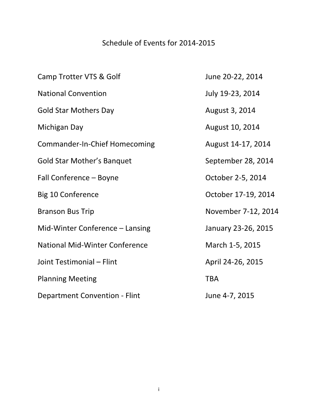 Schedule of Events for 2014-2015