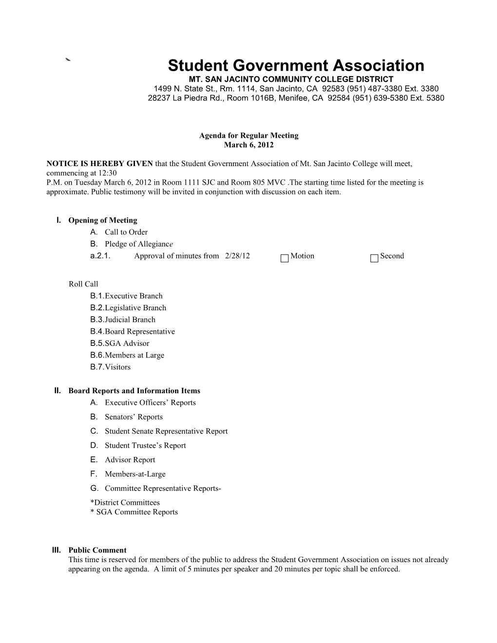 Agenda for Regular Meeting