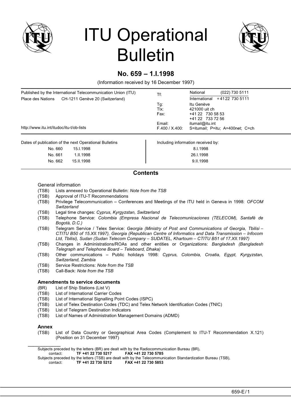 (TSB) Lists Annexed to Operational Bulletin: Note from the TSB