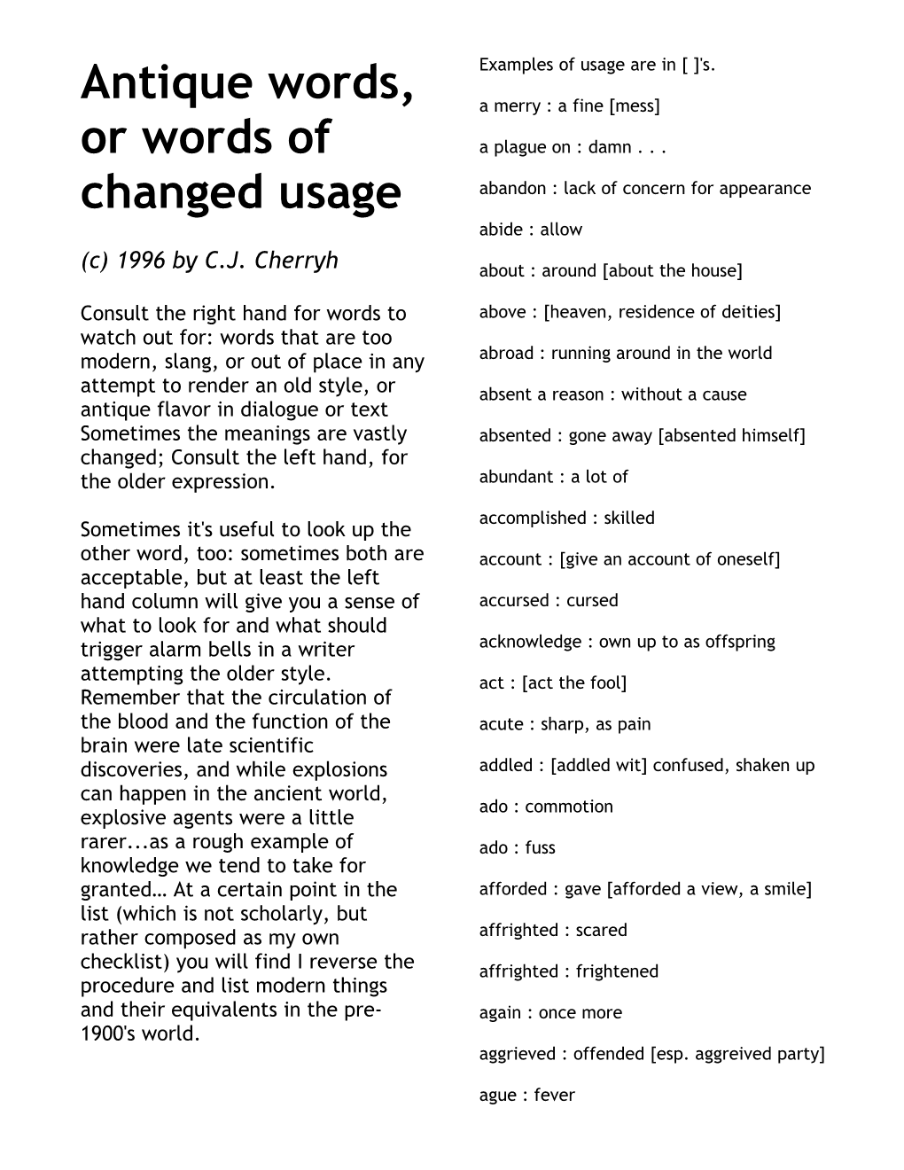 Antique Words, Or Words of Changed Usage