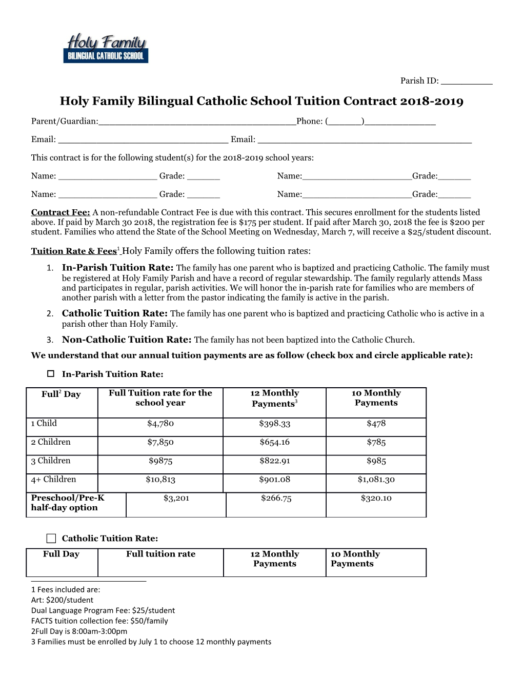 Holy Family Bilingual Catholic Schooltuition Contract 2018-2019