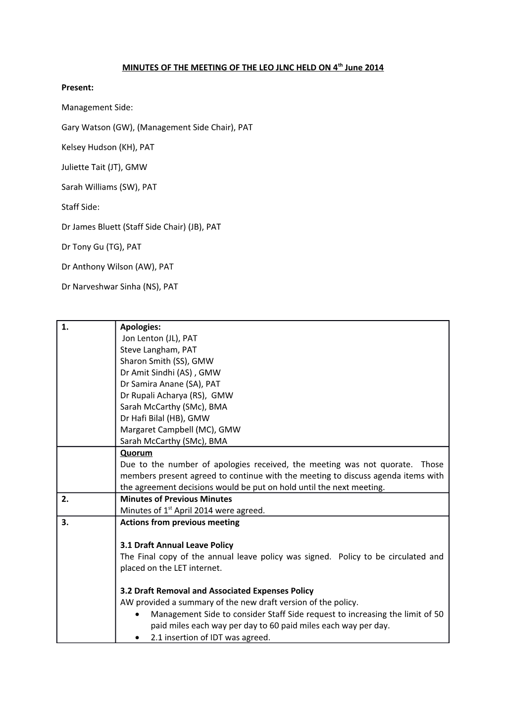 MINUTES of the MEETING of the LEO JLNC HELD on 4Th June 2014