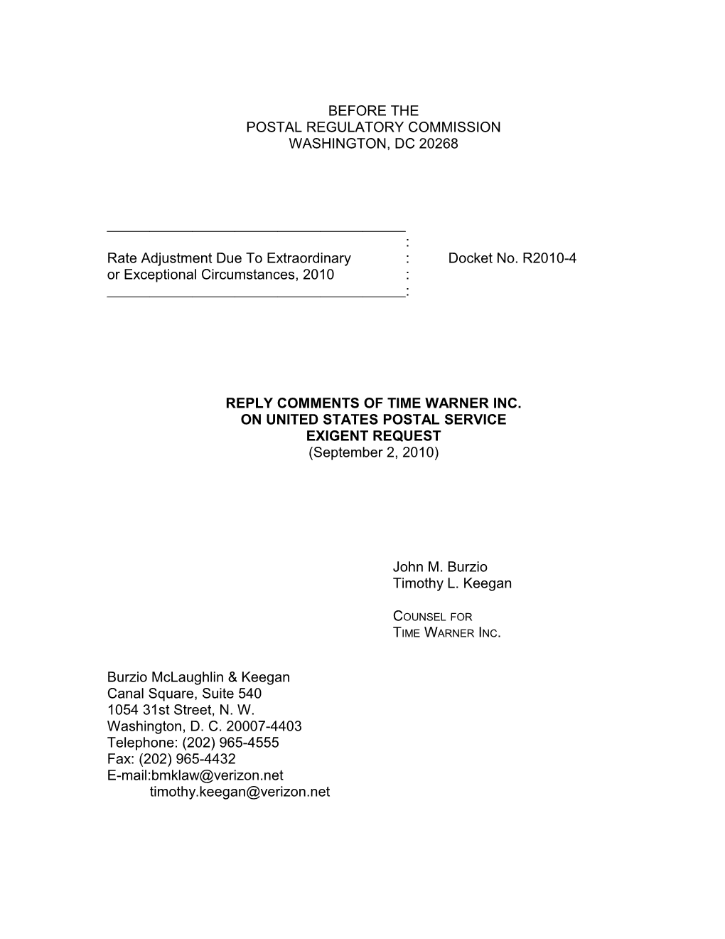 Rate Adjustment Due to Extraordinary : Docket No. R2010-4