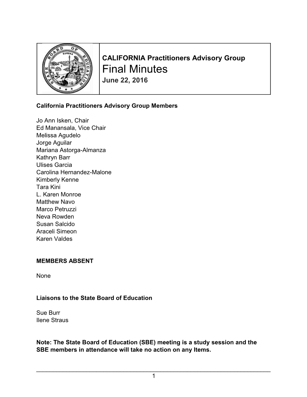 June 22, 2016 Meeting Minutes - CPAG (CA State Board of Education)