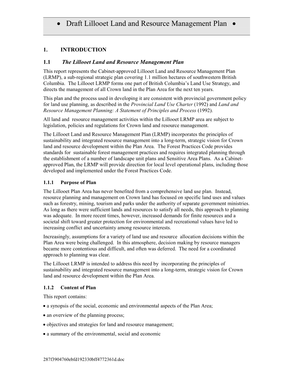 1.1 the Lillooet Land and Resource Management Plan