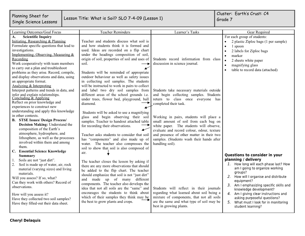 Planning Sheet for Single Lessons s1