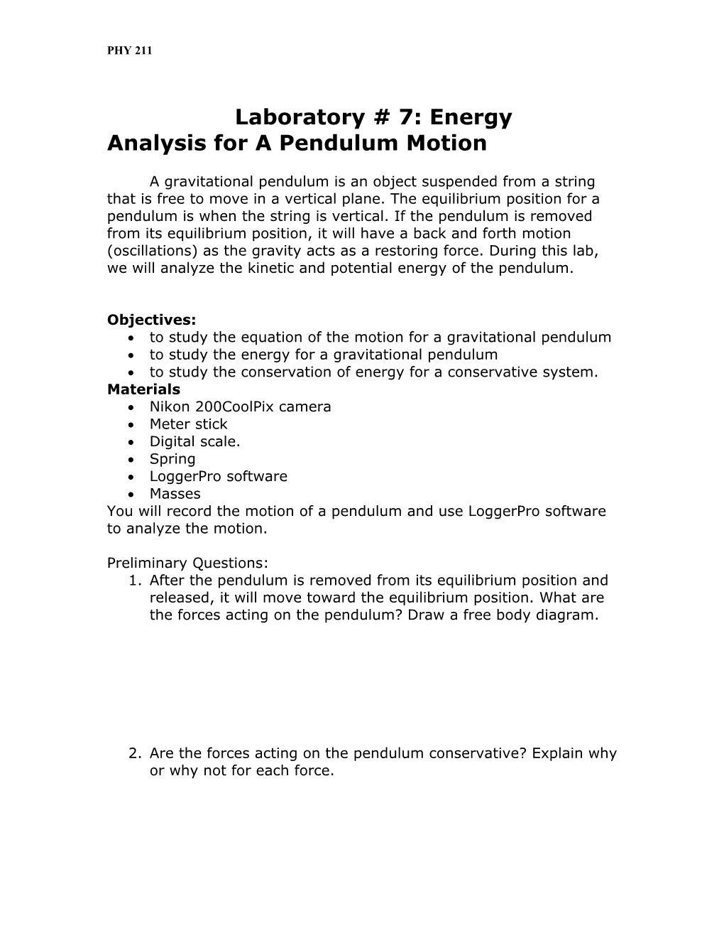 Laboratory # 7: Energy Analysis for a Pendulum Motion