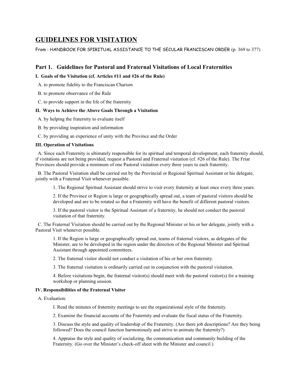 Part 1. Guidelines for Pastoral and Fraternal Visitations of Local Fraternities