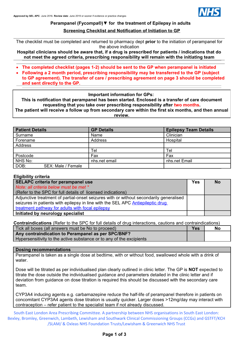 Screening Checklist and Notification of Initiation to GP