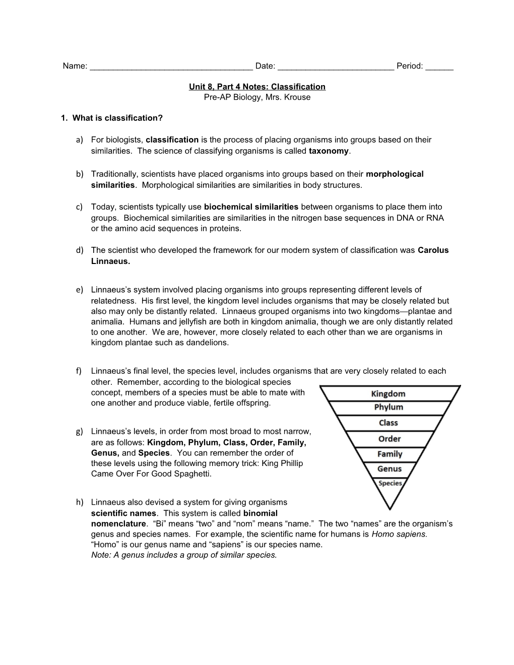 Unit 8, Part 4 Notes: Classification