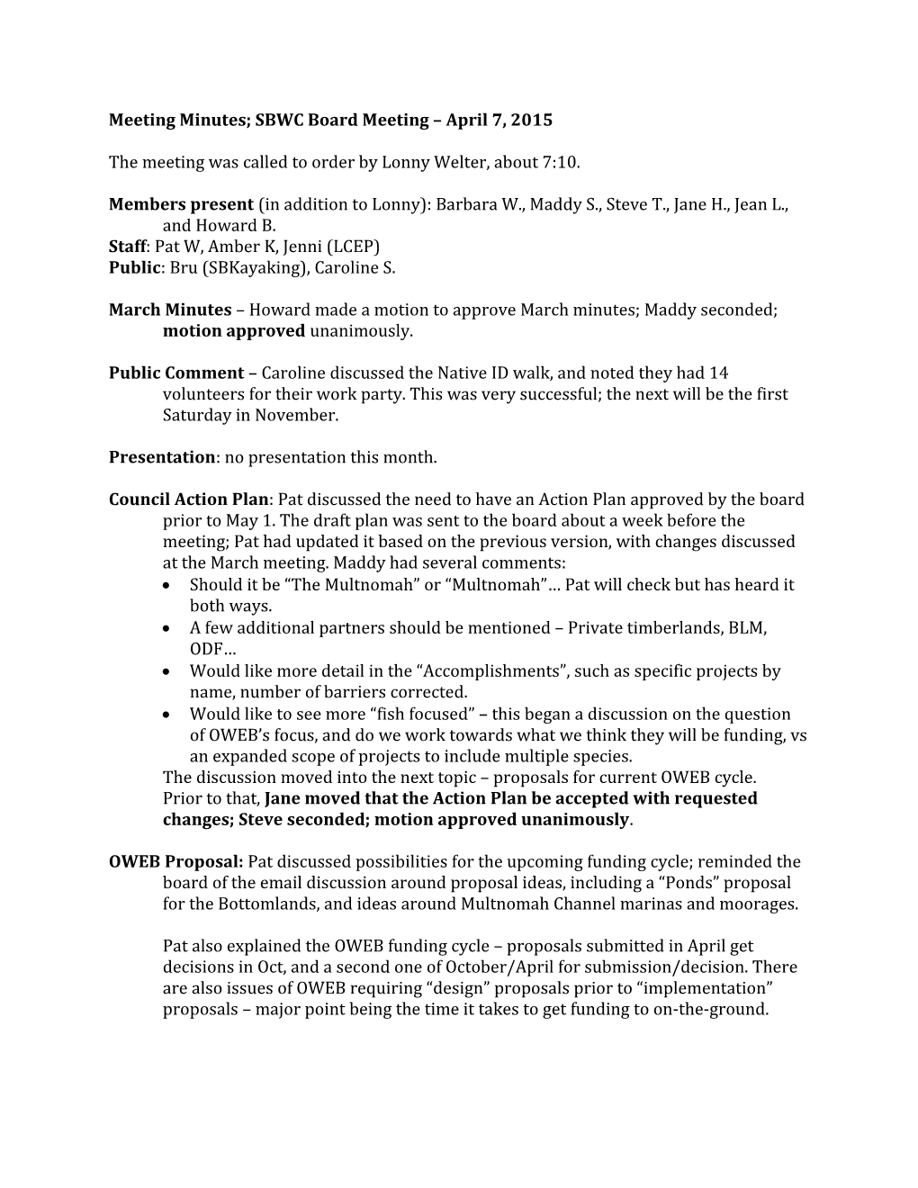 Meeting Minutes; SBWC Board Meeting April 7, 2015
