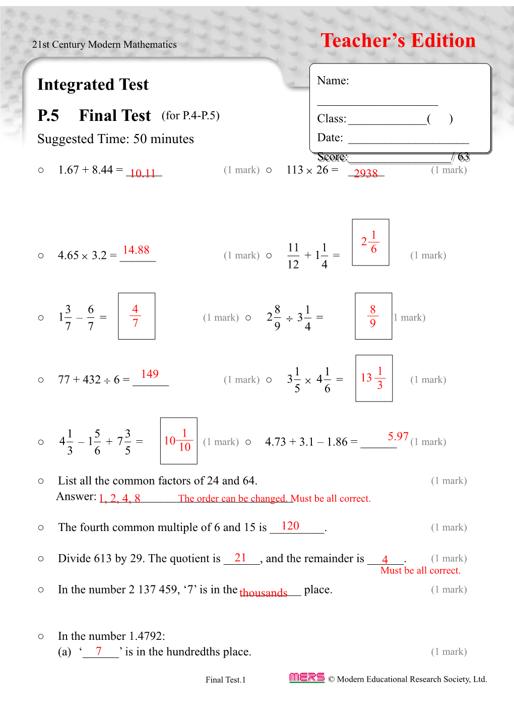 Integrated Test in TSA Format P.5 Final Test