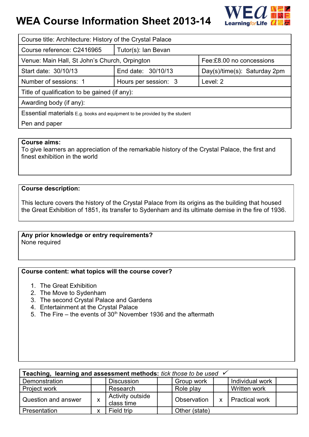 WEA Course Information Sheet 2013-14 s1