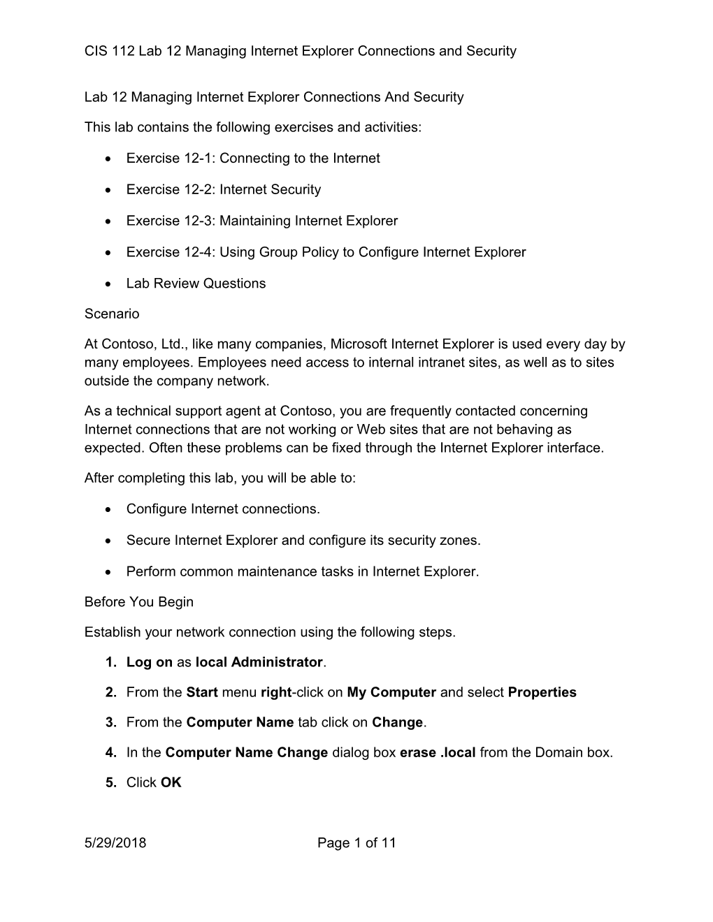 CIS 112 Lab 12 Managing Internet Explorer Connections and Security