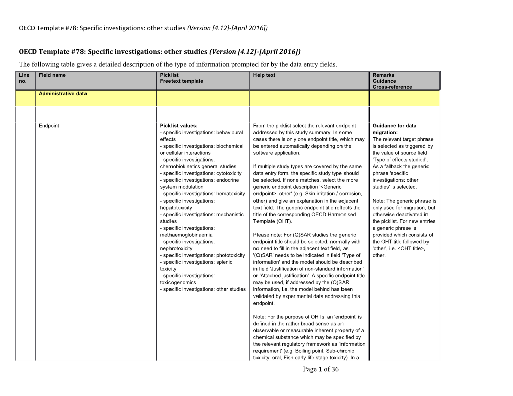 Oecdtemplate #78: Specific Investigations: Other Studies(Version 4.12 - April 2016 )