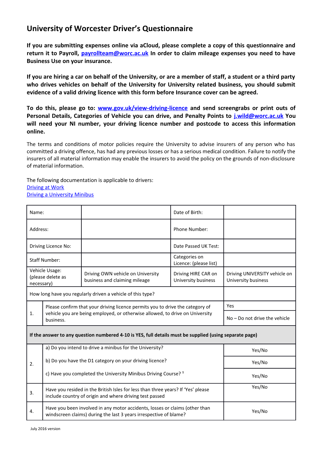 University of Worcester Driver S Questionnaire