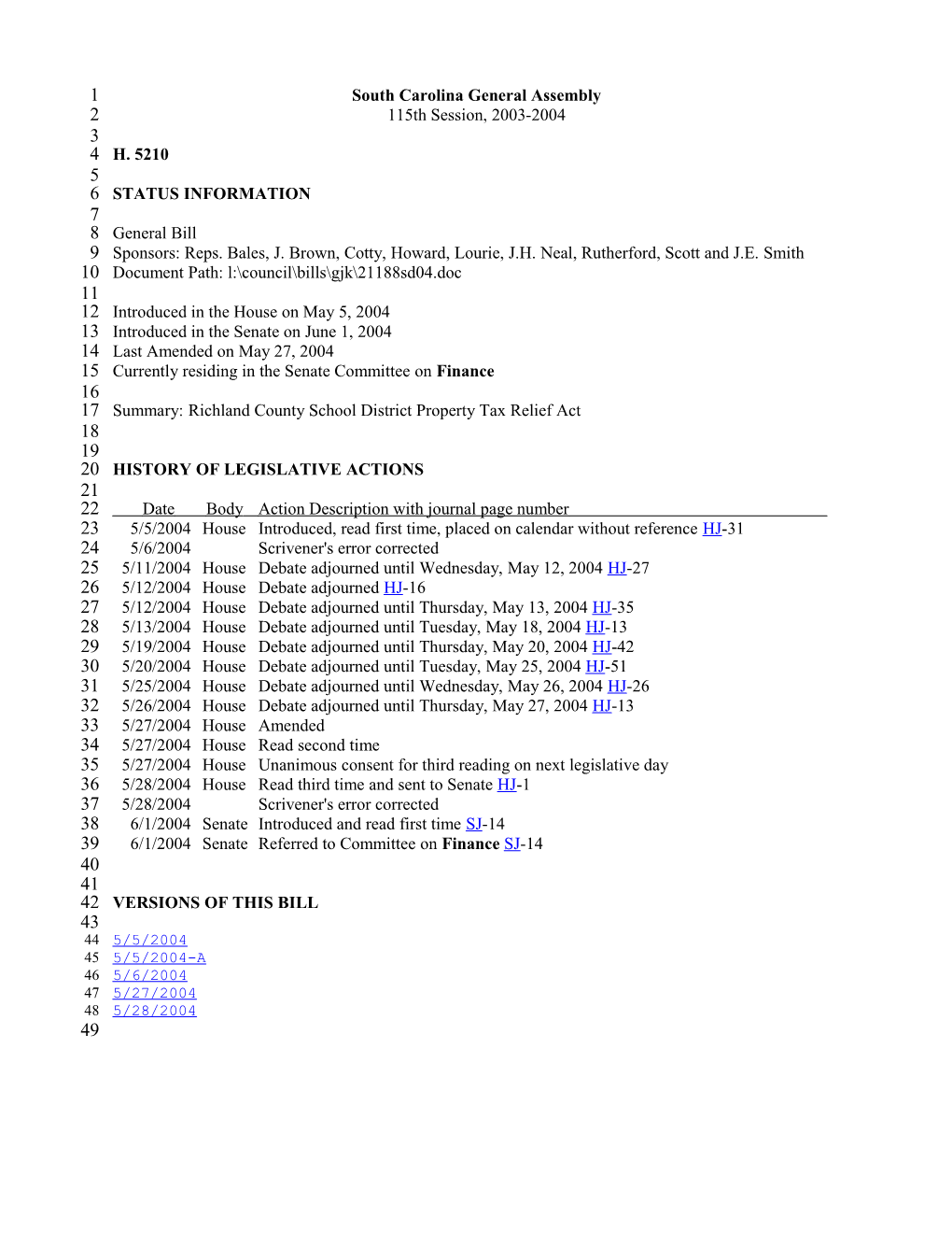 2003-2004 Bill 5210: Richland County School District Property Tax Relief Act - South Carolina