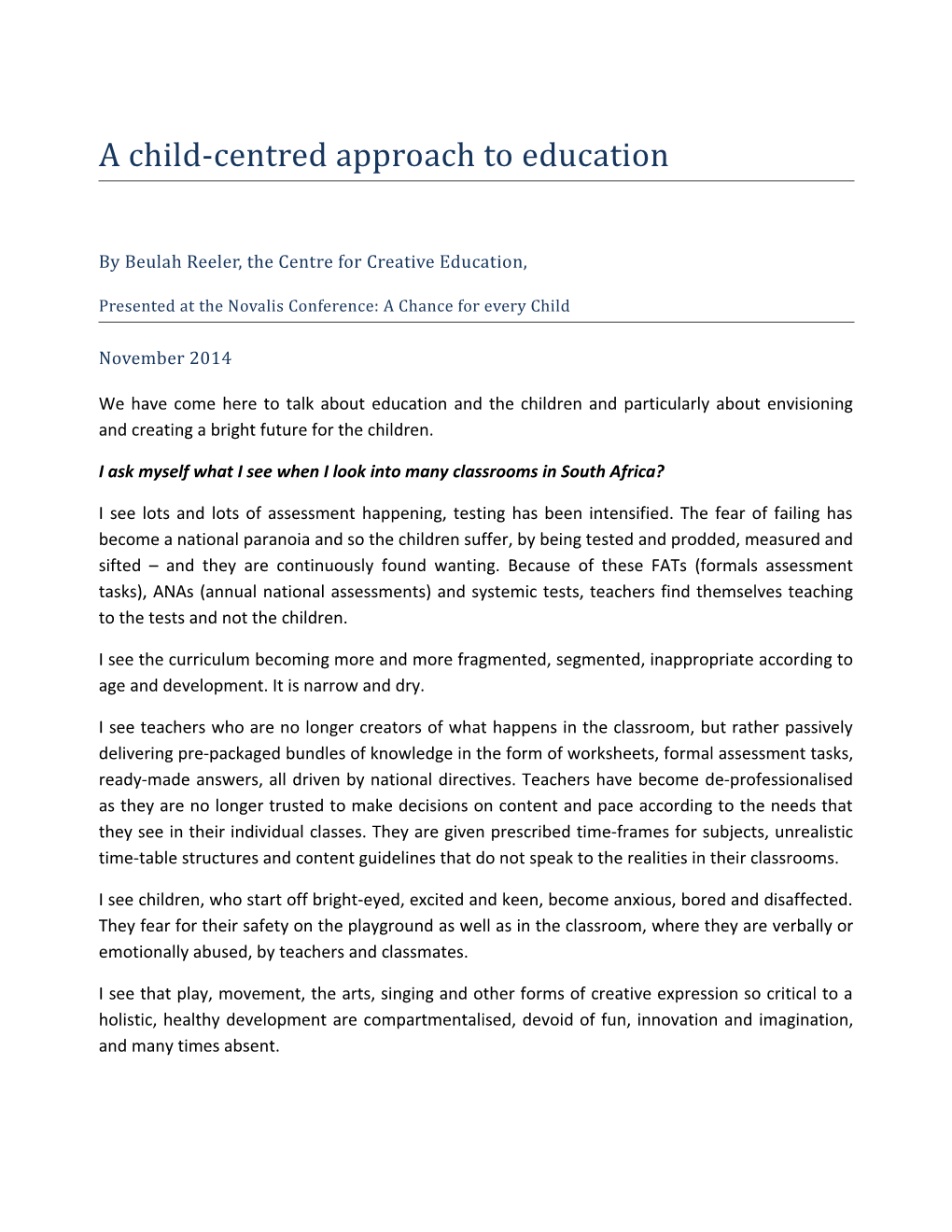 A Child-Centred Approach to Education