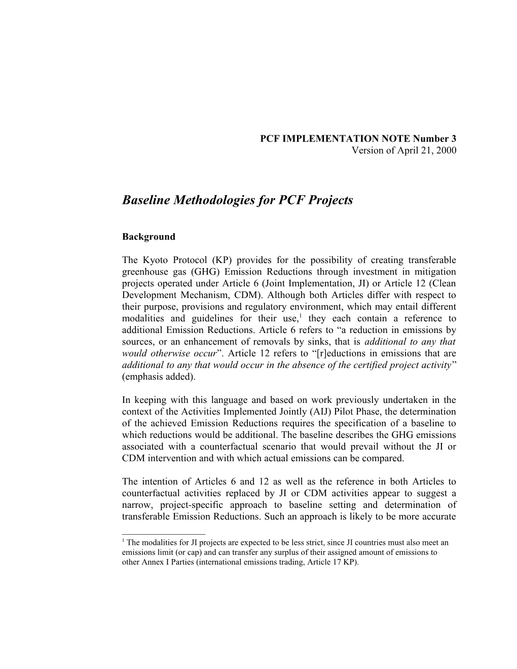 Baseline Methodologies for Pcf Projects