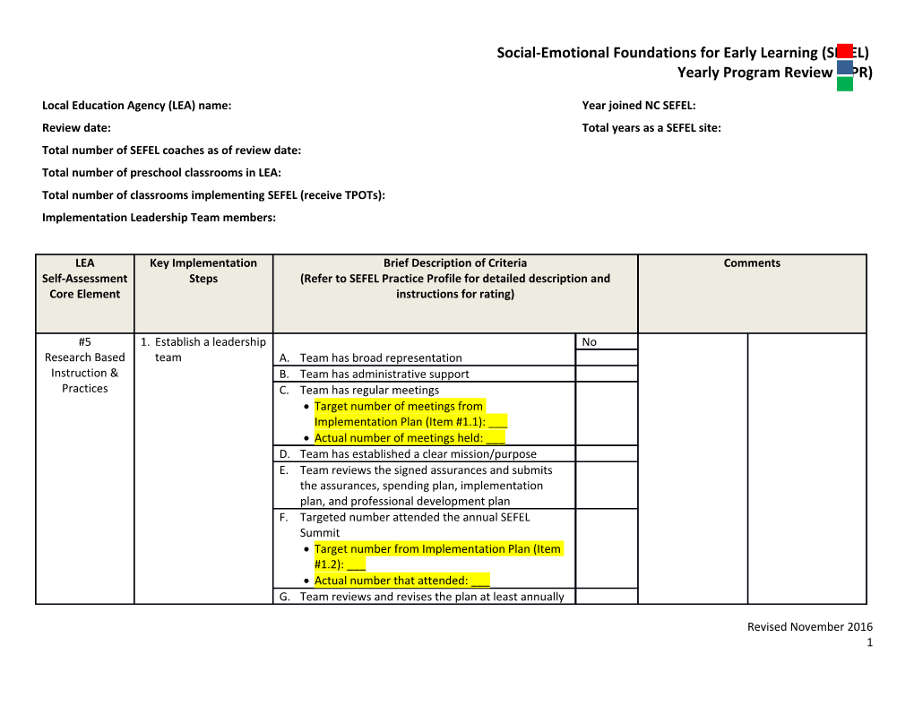 Local Education Agency (LEA) Name: Year Joined NC SEFEL