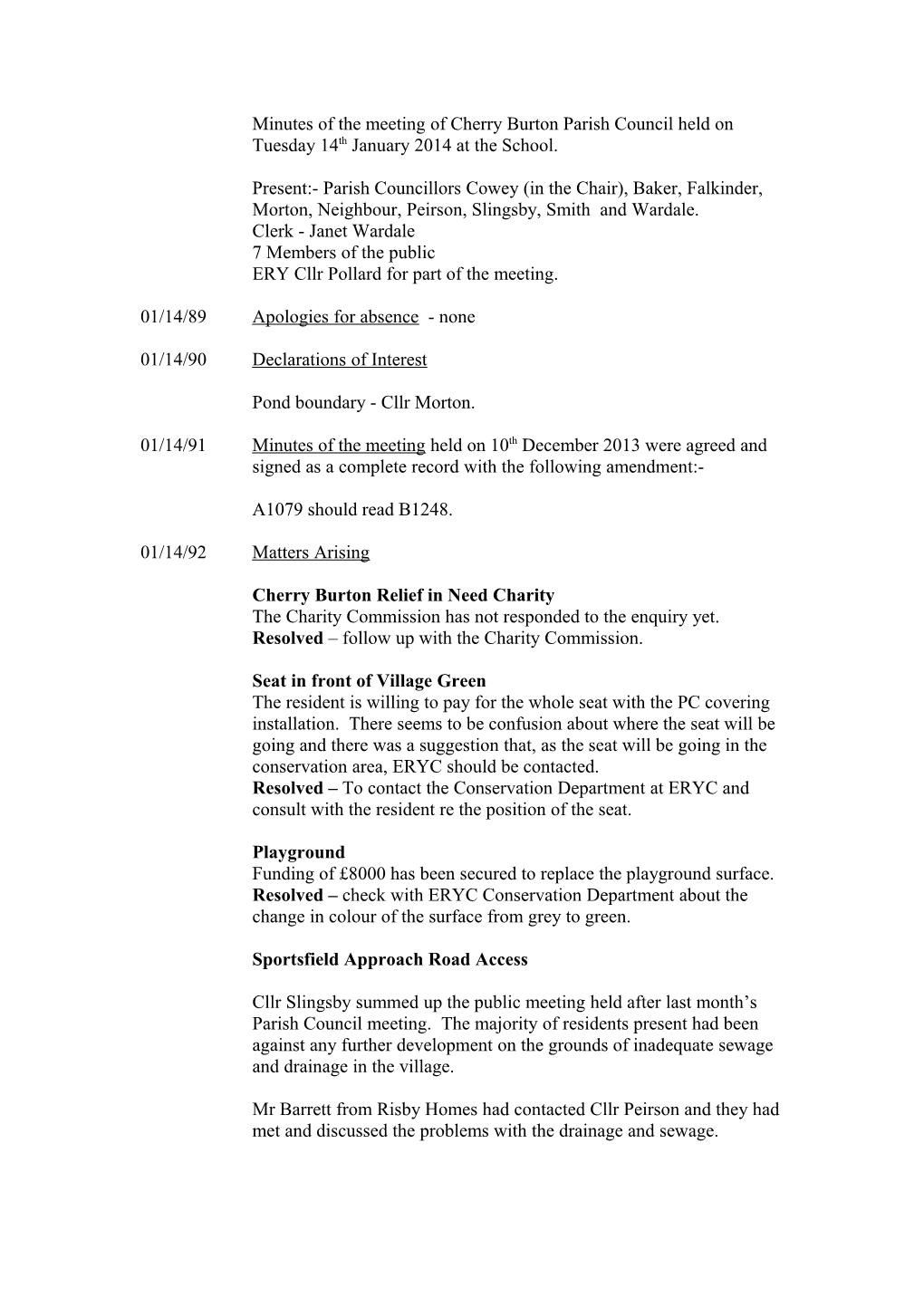 Minutes of the Annual Meeting of Cherry Burton Parish Council Held on Tuesday 12Th May 2009