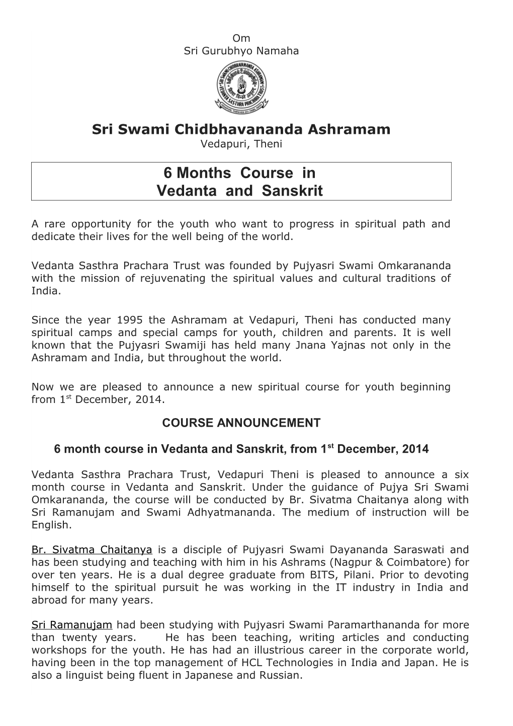 Course-Announcement 39 Month Course Vedanta and Sanskrit