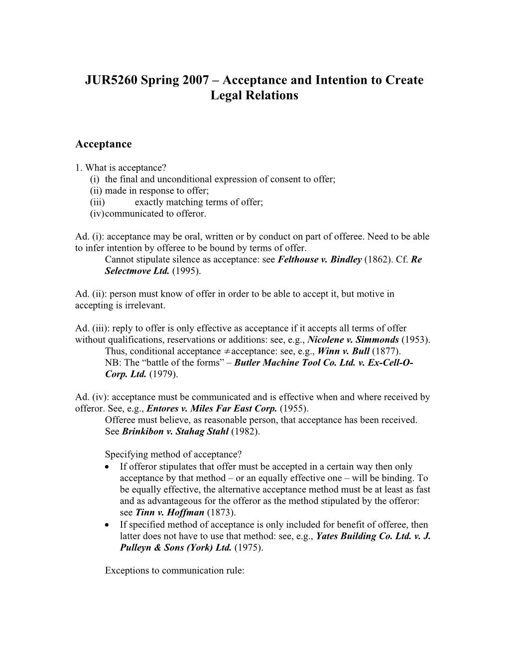 JUR5260 Autumn 2006 Introduction to Course; Element of Agreement