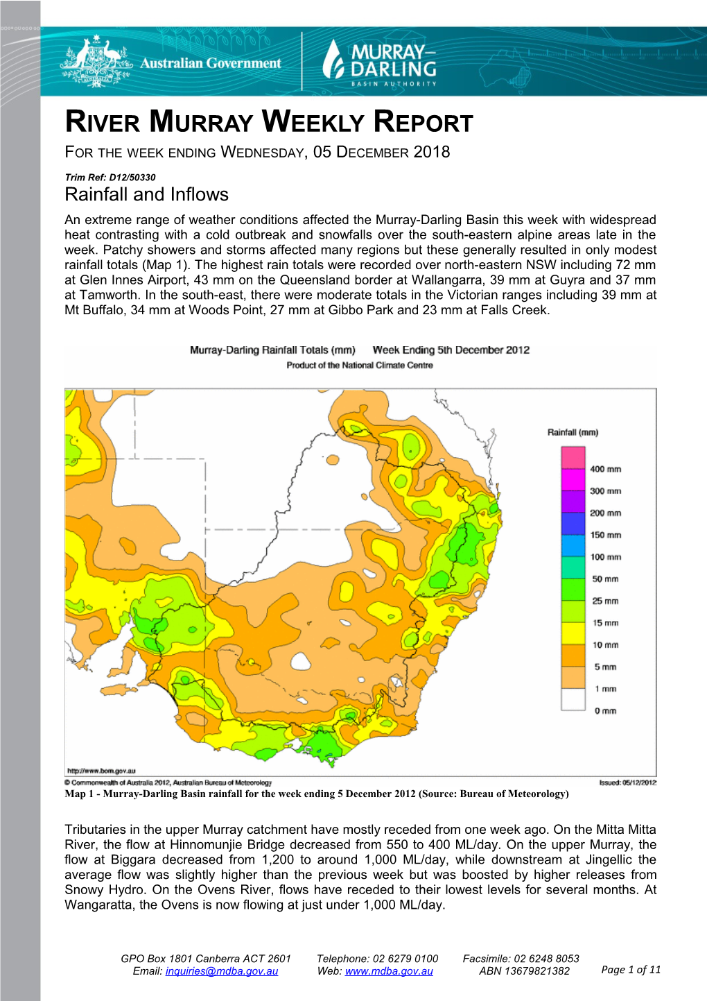 River Murray Operations Weekly Report 5Th December 2012