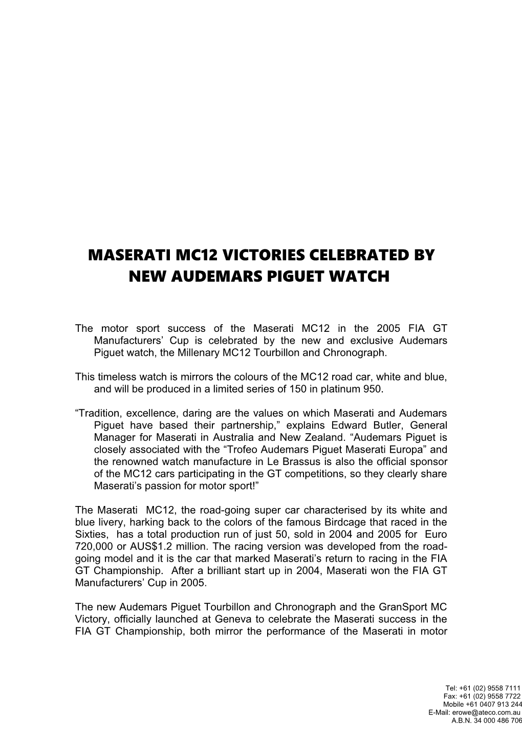 Maserati Mc12 Victories Celebrated by New Audemars Piguet Watch