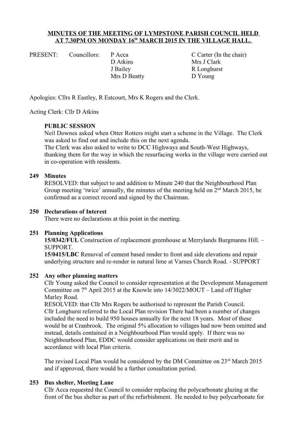 Minutes of the Meeting of Lympstoneparish Council Held