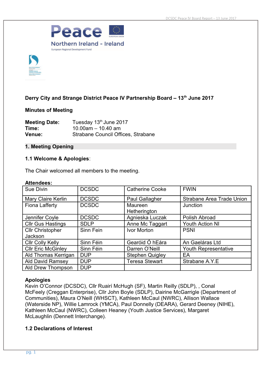 Derry City and Strange District Peace IV Partnership Board 13Th June 2017