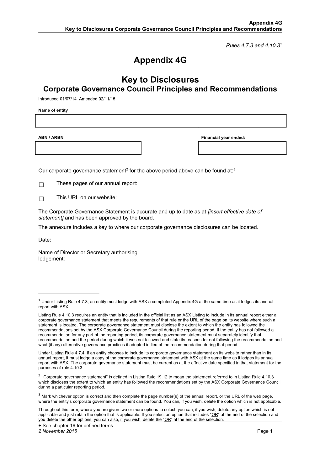 ASX Listing Rules Appendix 4G - Key to Disclosures