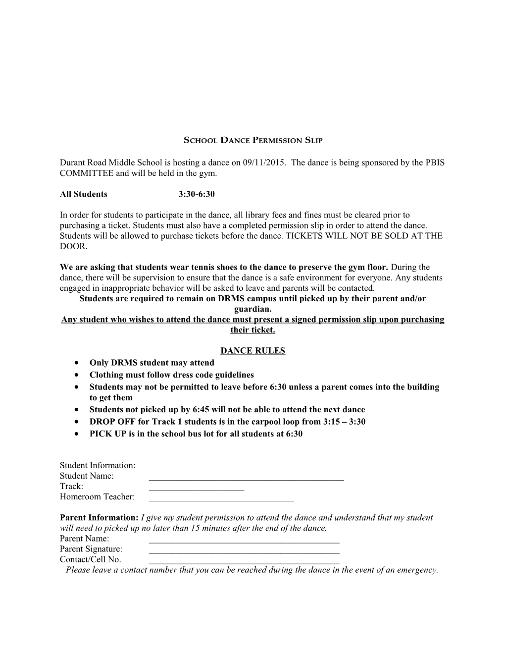 School Dance Permission Slip