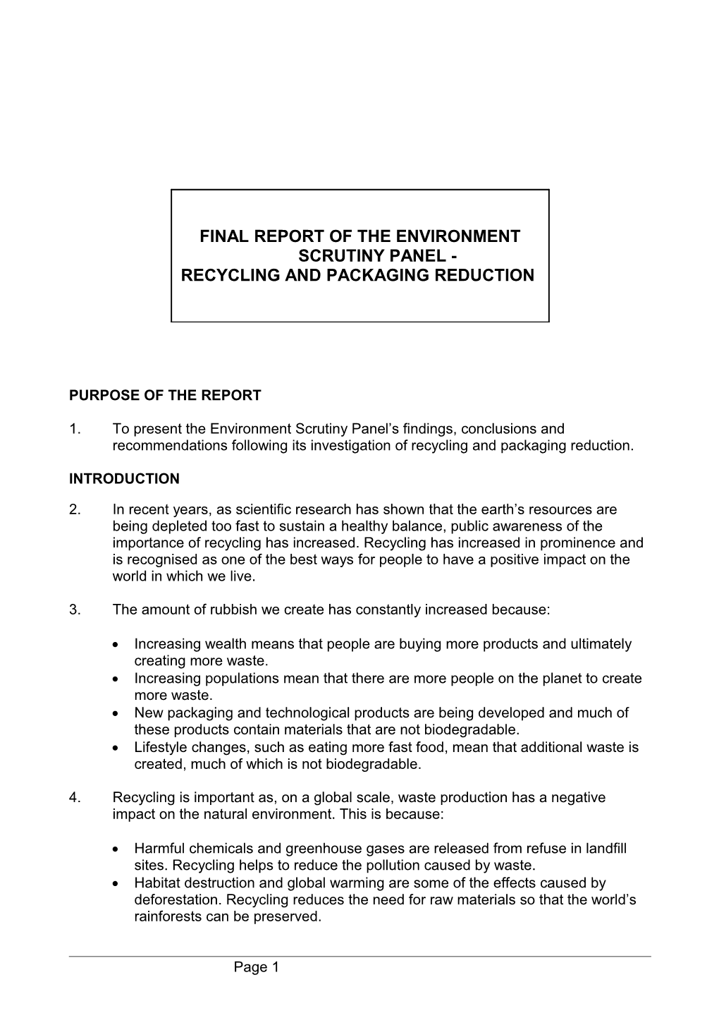 Final Report of the Environment Scrutiny Panel