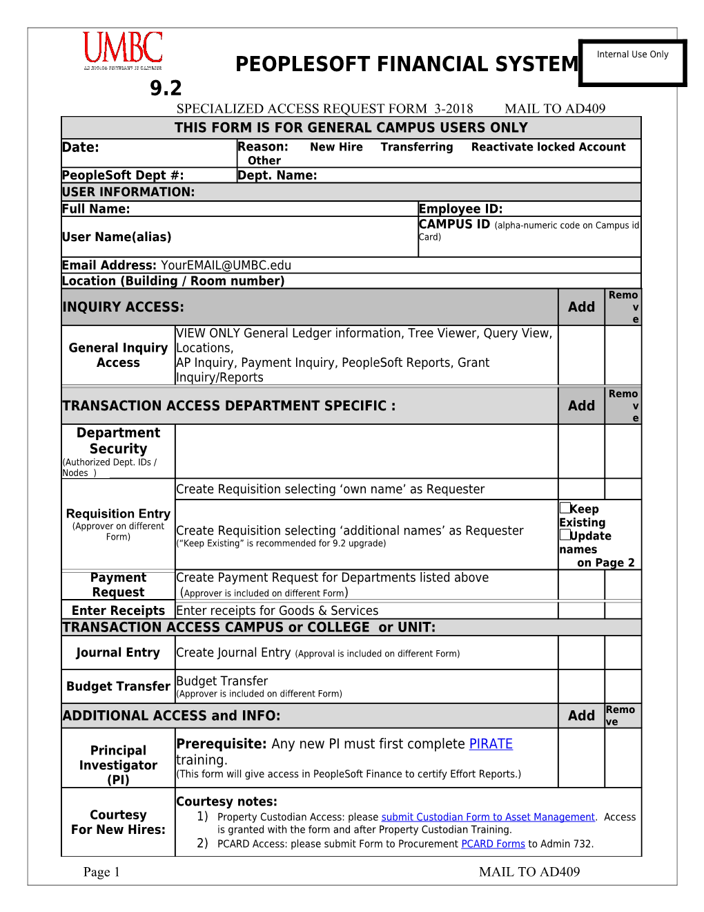 Financial Special Access Class Request Sheet