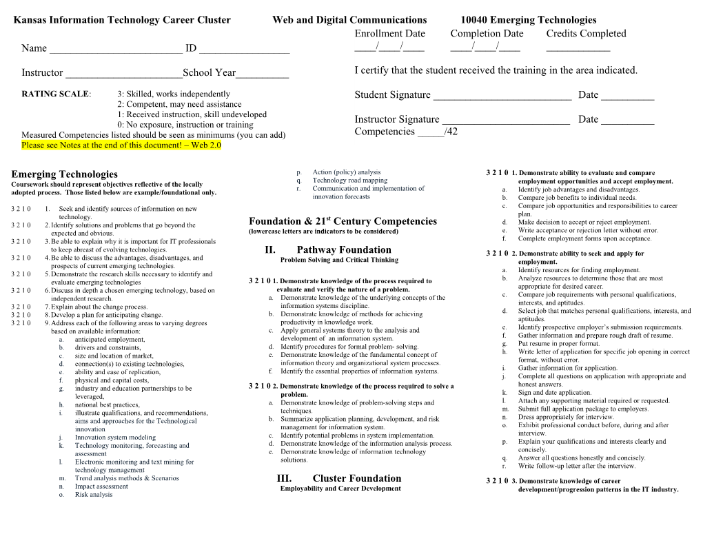 Kansas Information Technology Career Clusterweb and Digital Communications 10040 Emerging