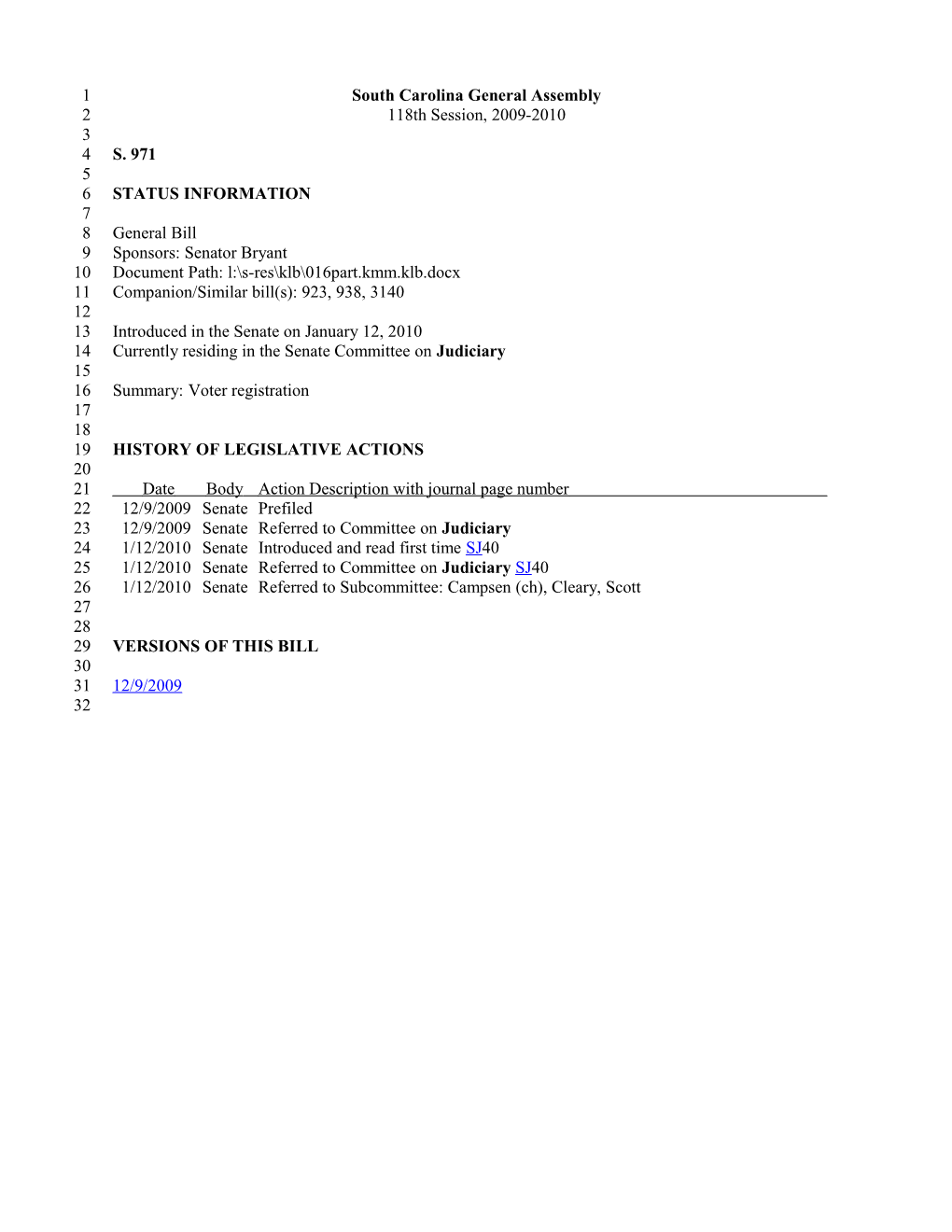 2009-2010 Bill 971: Voter Registration - South Carolina Legislature Online