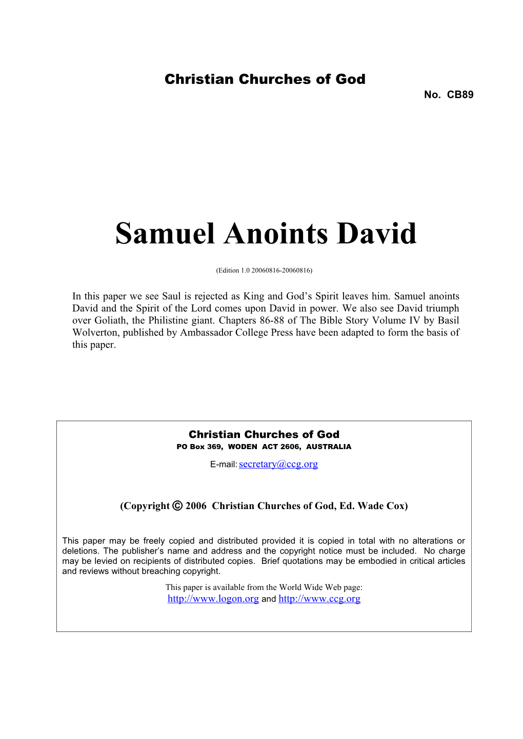 Samuel Anoints David (No. CB89)