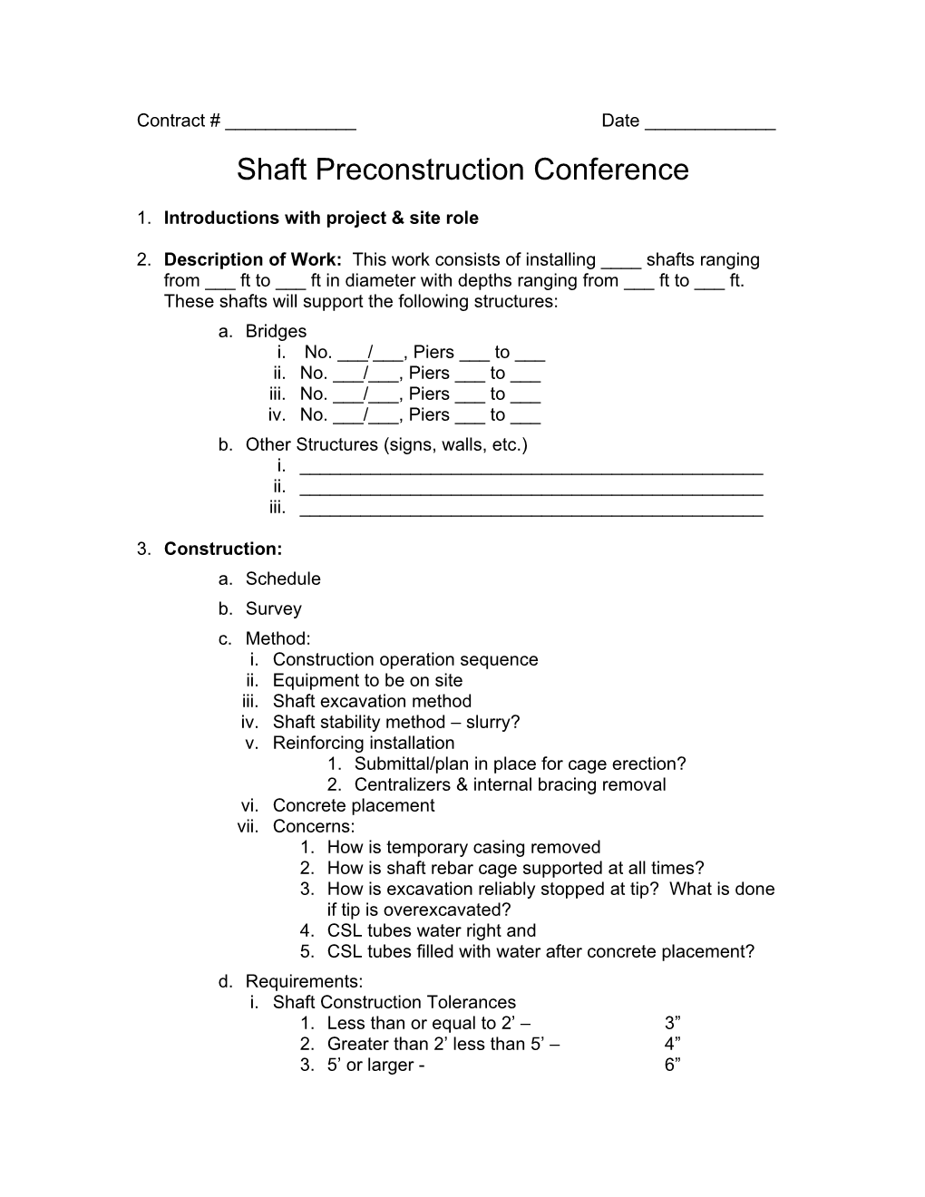 SS6-19 Drilled Shaft Preactivity Meeting Sample Agenda