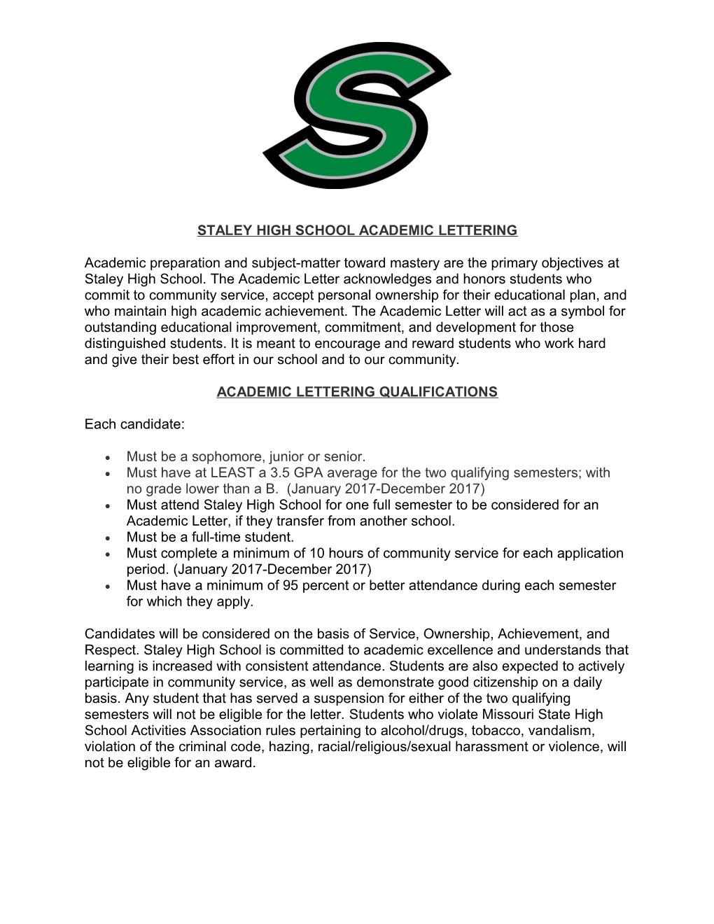 Staley High School Academic Lettering