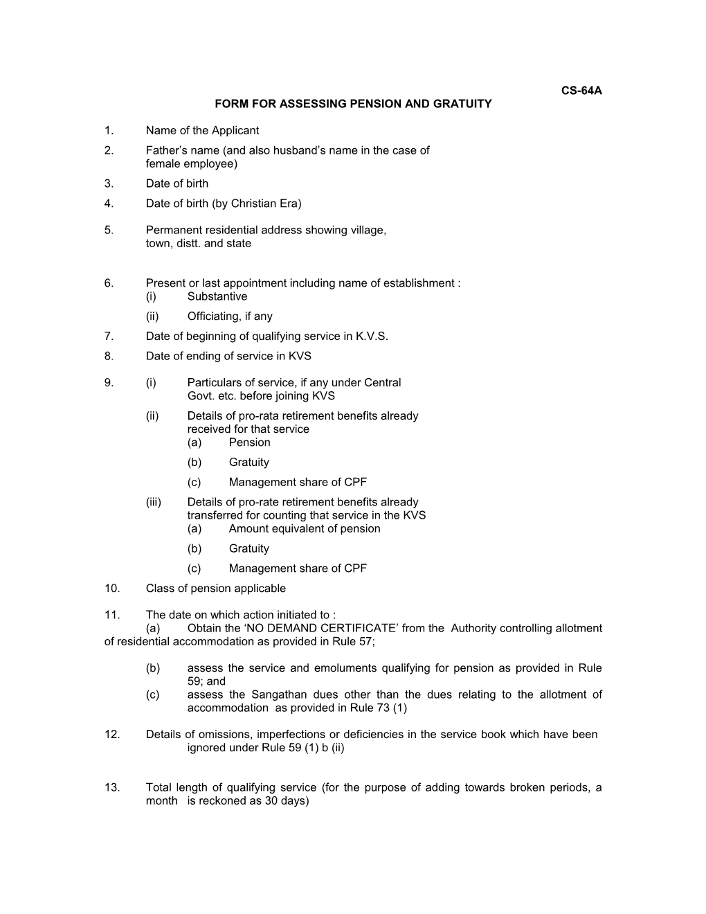 Form for Assessing Pension and Gratuity