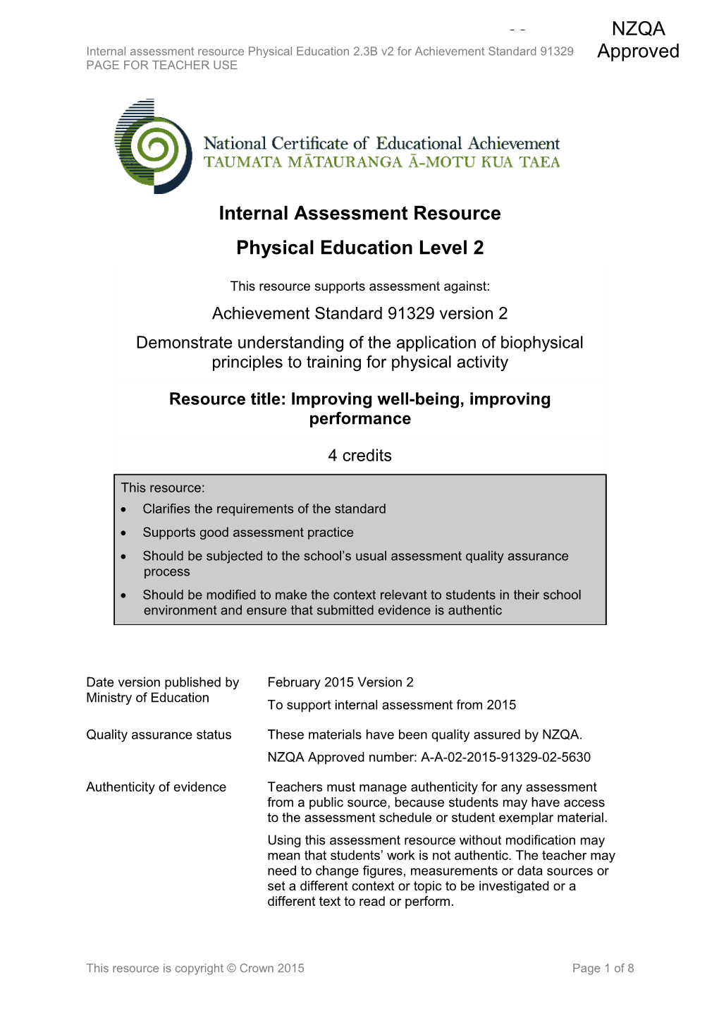 Level 2 Physical Education Internal Assessment Resource