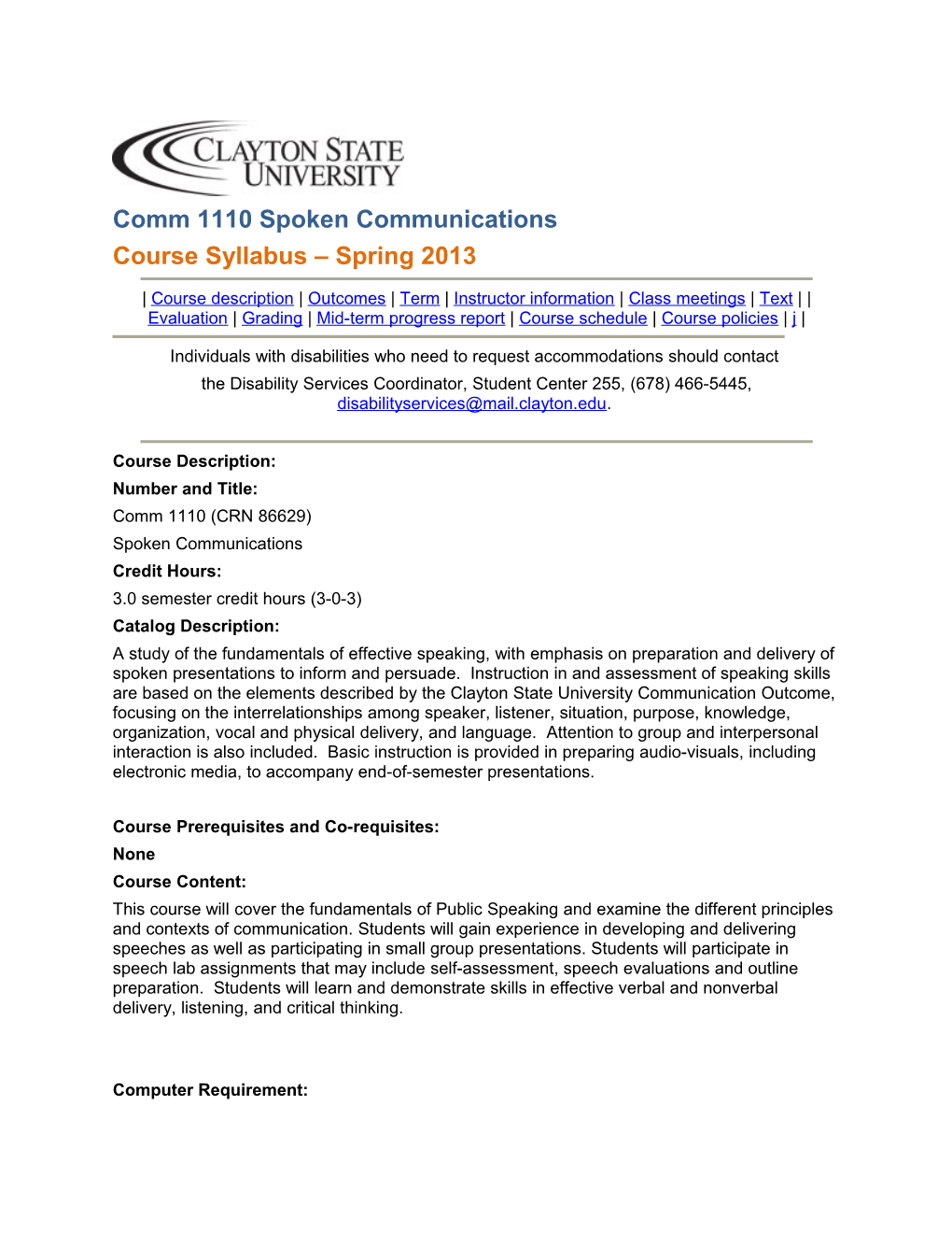 Comm 1110 Spoken Communications Course Syllabus Spring 2013