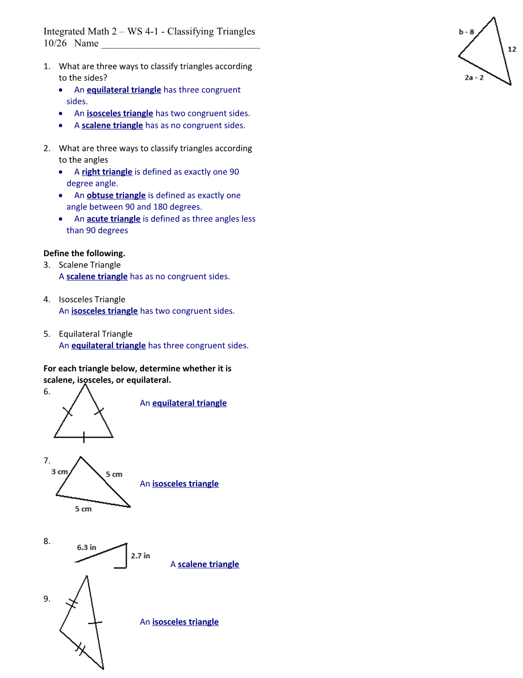 Integrated Math 2 WS 4-1 - Classifying Triangles 10/26 Name ______